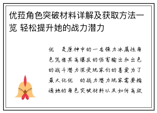 优菈角色突破材料详解及获取方法一览 轻松提升她的战力潜力